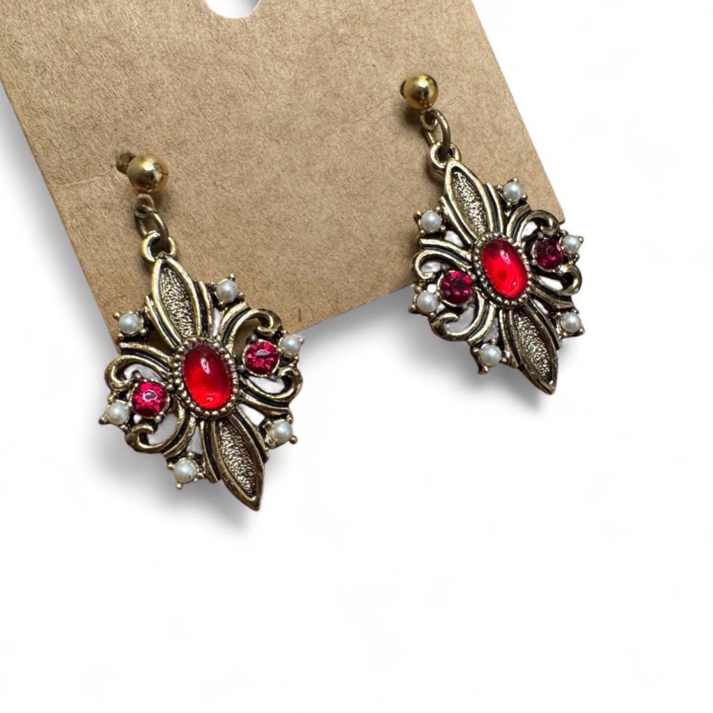 Vintage Fleur De Lis Ruby Cabochon Tudor Style Dangle Earrings